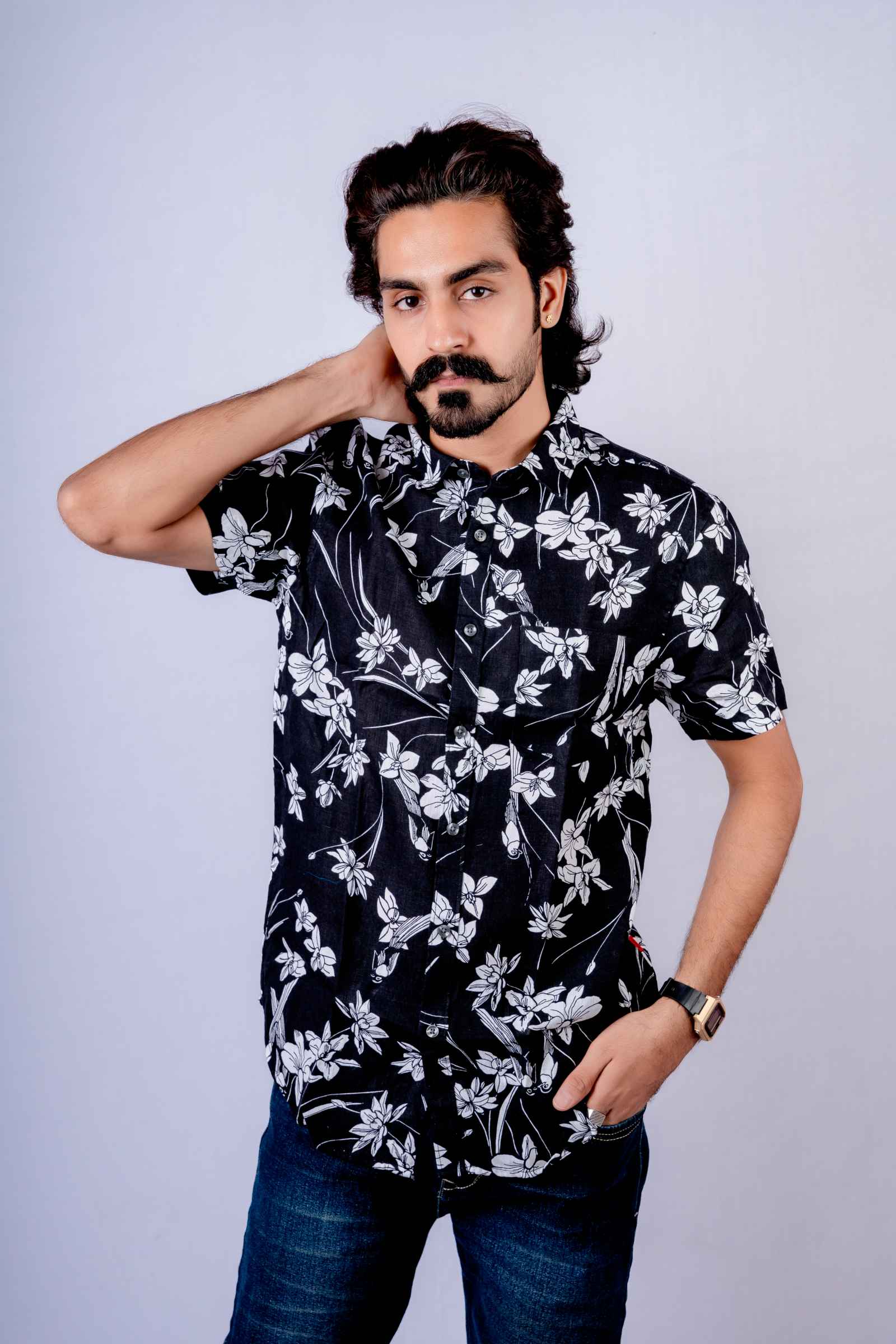 Pure Linen Black Half Sleeve Printed Shirt